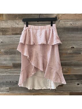 Moon River Red Gingham Ruffle Raw Hem High Low Skirt Medium NWT
